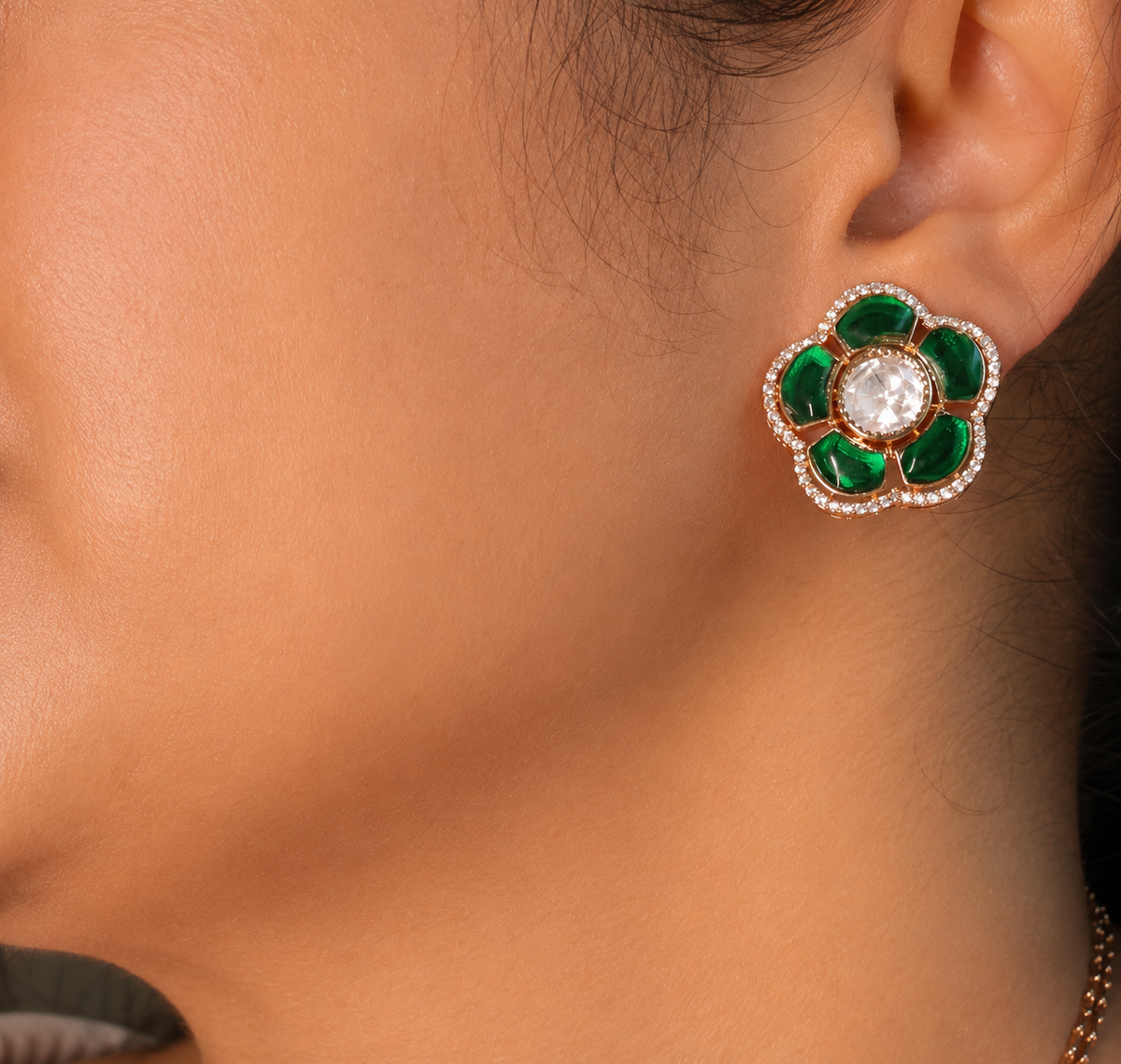 Emerald Mossainite Floral Double Layer Necklace & Earring Set