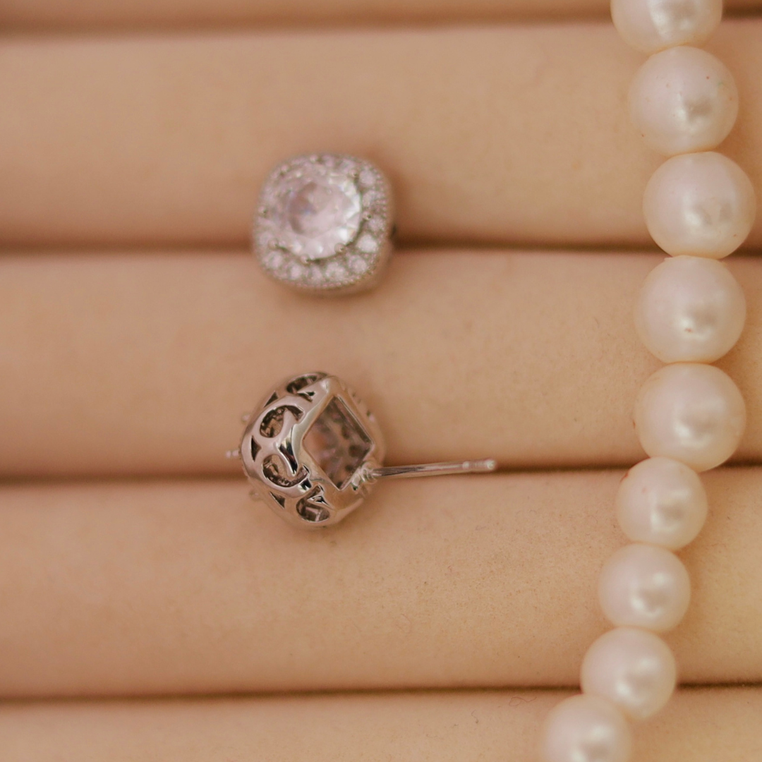 Elegant Silver Halo Cushion-Cut Crystal Stud Earrings