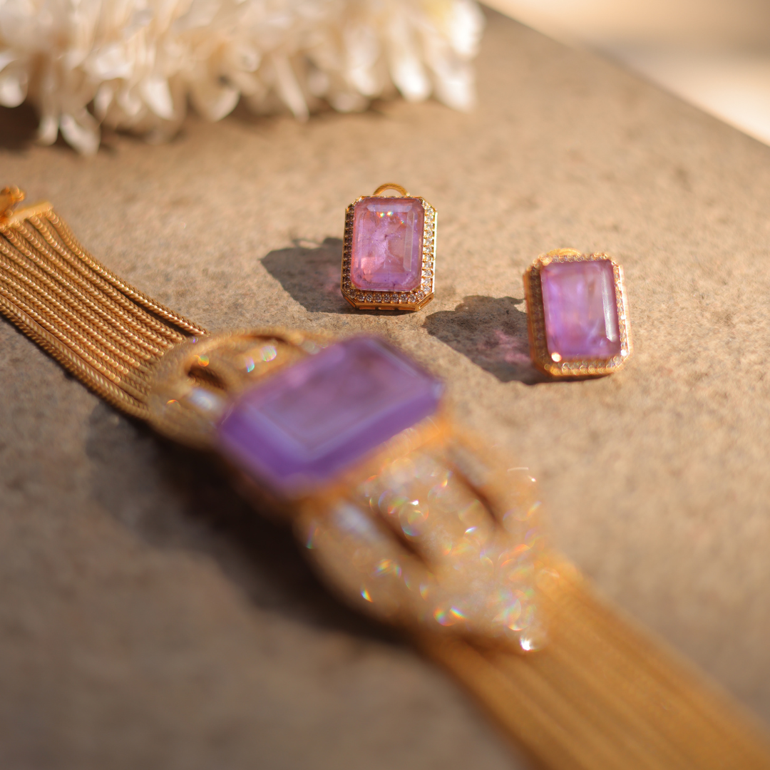 Vintage Art Deco Pink Kunzite & Diamond Gold Statement Set