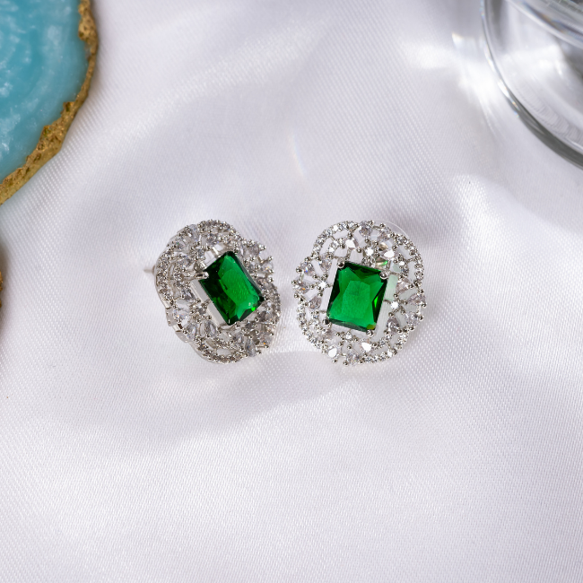 Trendy Vintage Square American Diamond Earring- Green