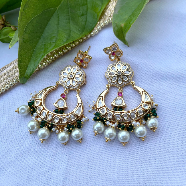 Gold Tone Jadau Kundan Chandbali Earring With Pearl Drops