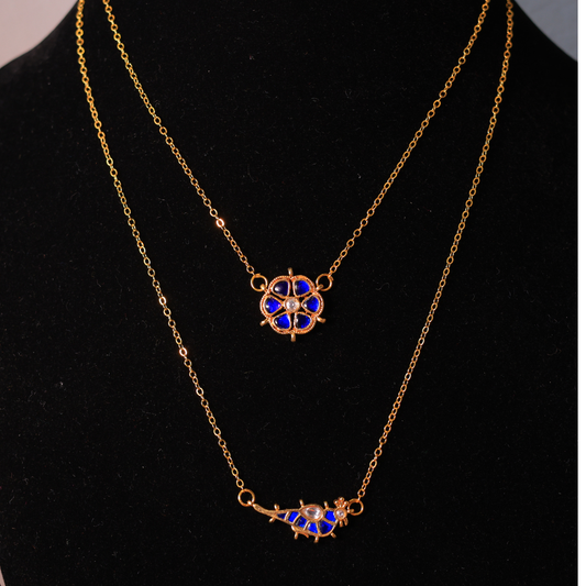Handcrafted Gold-Plated Layered Necklace Set With Blue Paachi Kundan Stone Floral & Bird Charms