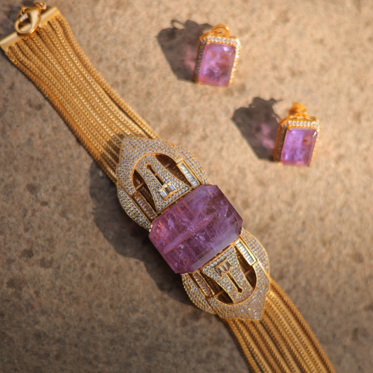 Vintage Art Deco Pink Kunzite & Diamond Gold Statement Set