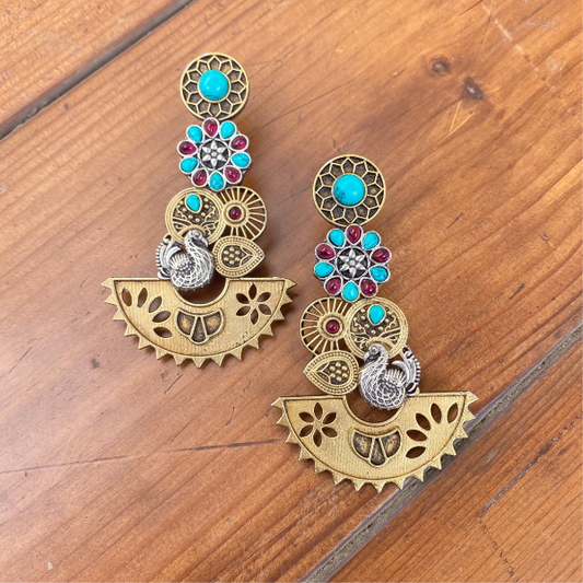 Sona Chandi- Copper Dual Tone Peacock Earring- Ruby & Turquoise