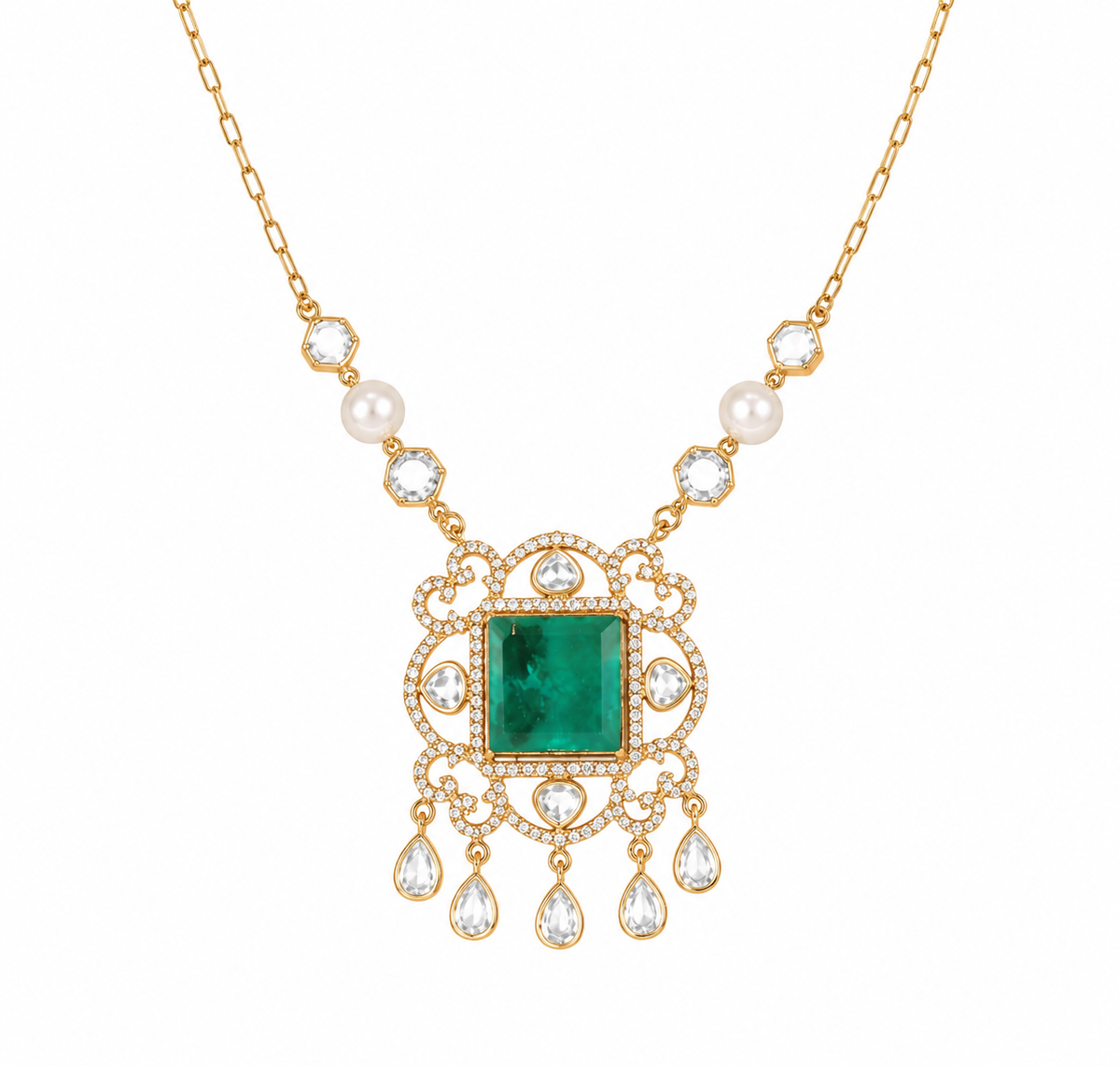 Emerald Doublet Stone Pendant Necklace Set With Matching Studs