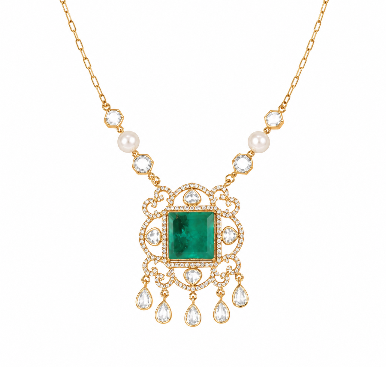 Emerald Doublet Stone Pendant Necklace Set With Matching Studs