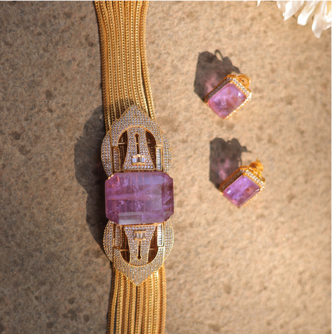Vintage Art Deco Pink Kunzite & Diamond Gold Statement Set