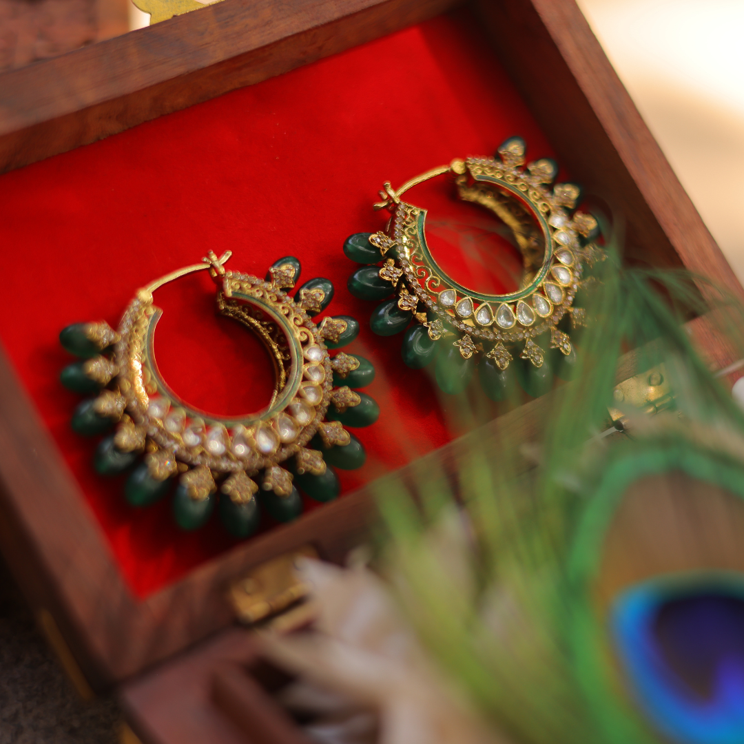Traditional Gold Kundan & Emerald Bead Chandbali Hoop Earrings