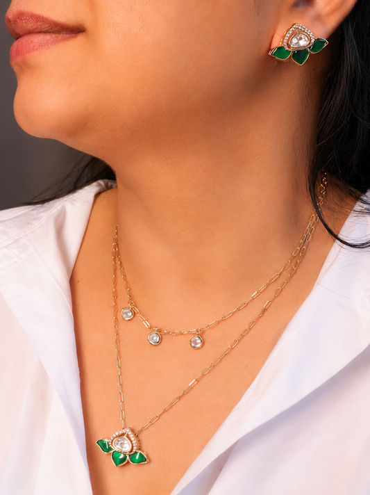 Lotus Motif Double Layer Mossainite Pendant Necklace Set