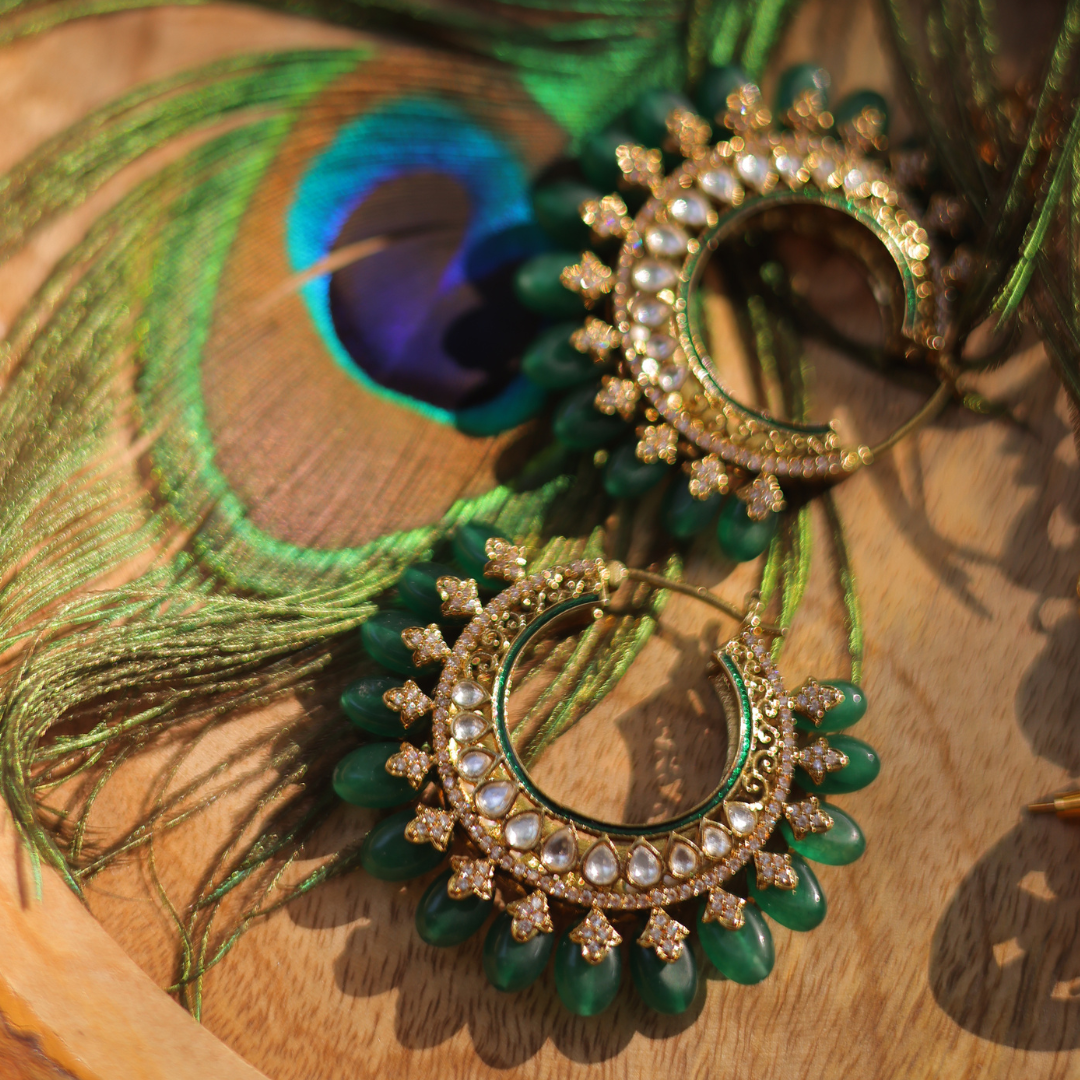 Traditional Gold Kundan & Emerald Bead Chandbali Hoop Earrings