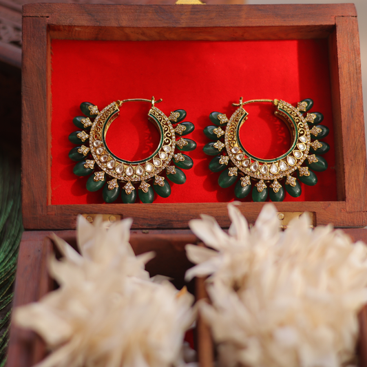 Traditional Gold Kundan & Emerald Bead Chandbali Hoop Earrings
