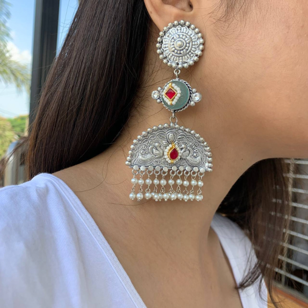 92.5 Silver Polish Sea Green Handmade Earring