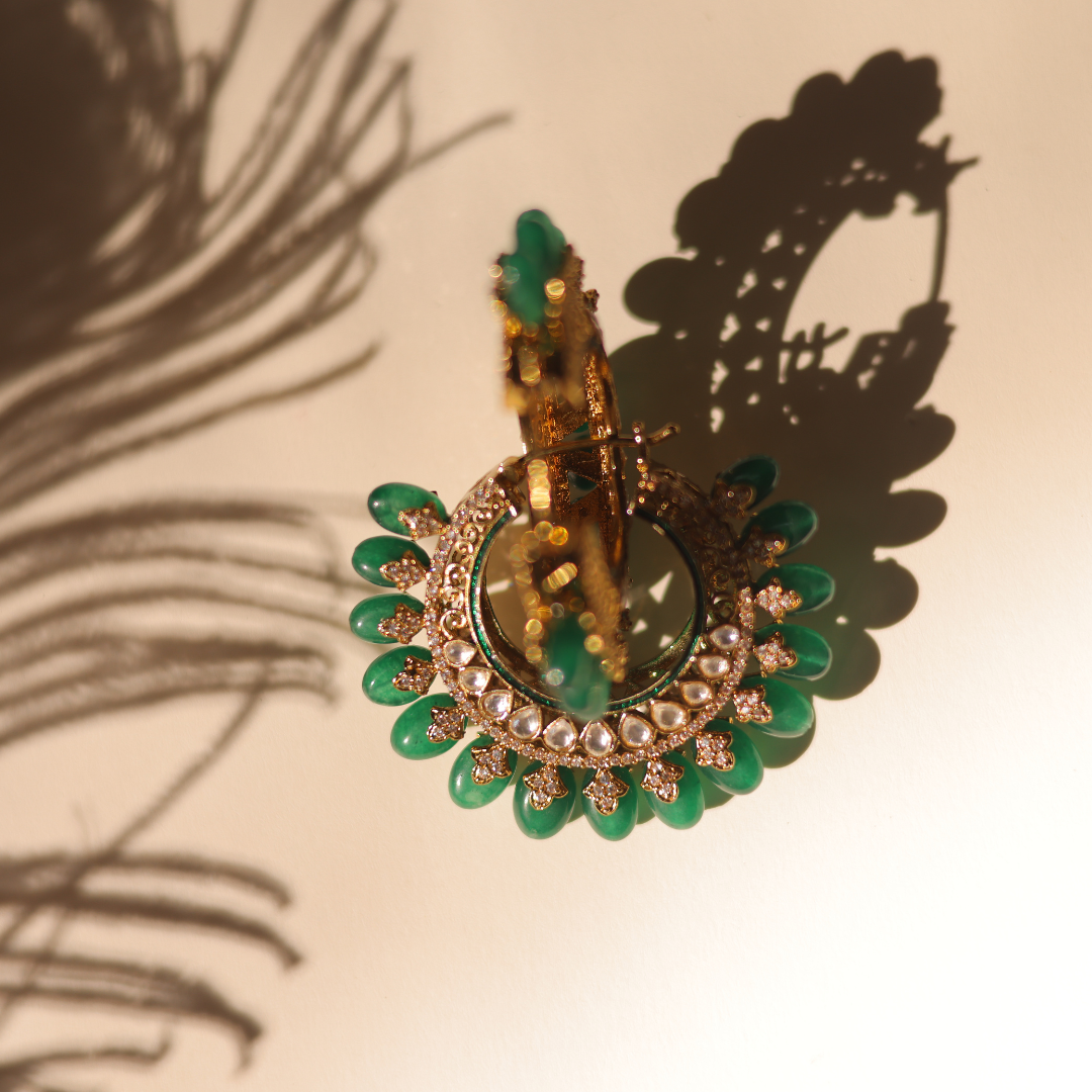 Traditional Gold Kundan & Emerald Bead Chandbali Hoop Earrings