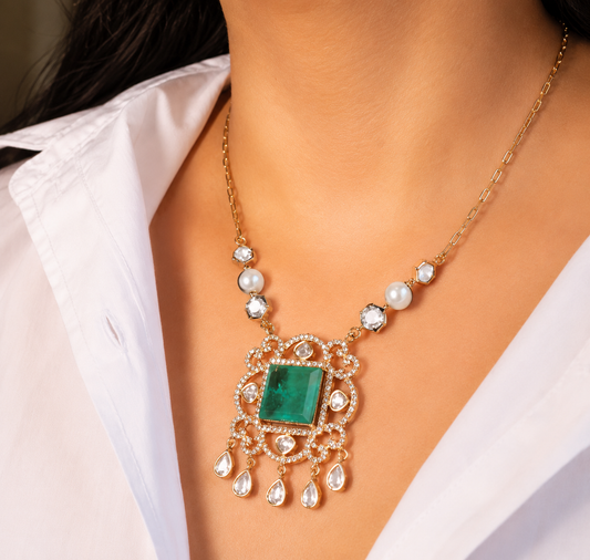Emerald Doublet Stone Pendant Necklace Set With Matching Studs