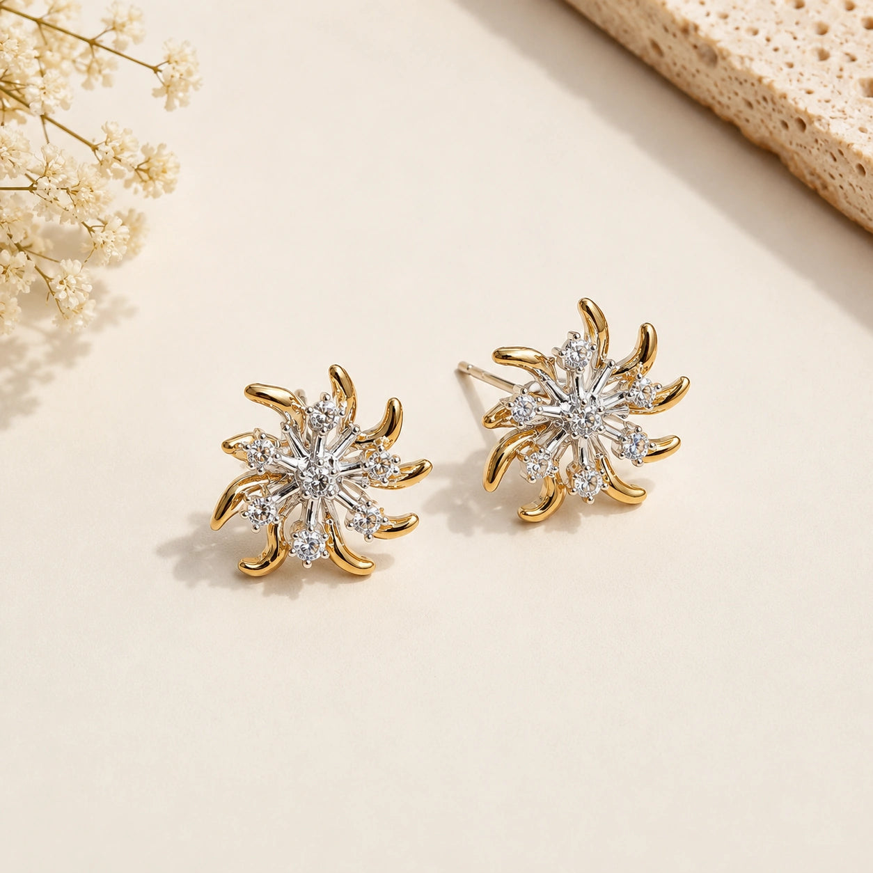 Golden Bloom Crystal Floral Stud Earrings
