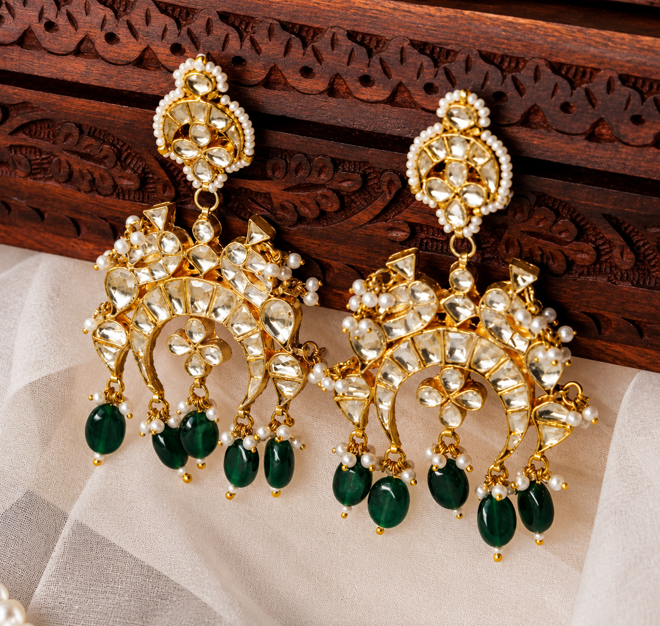 Ishani Green and White Kundan Embellished Earrings