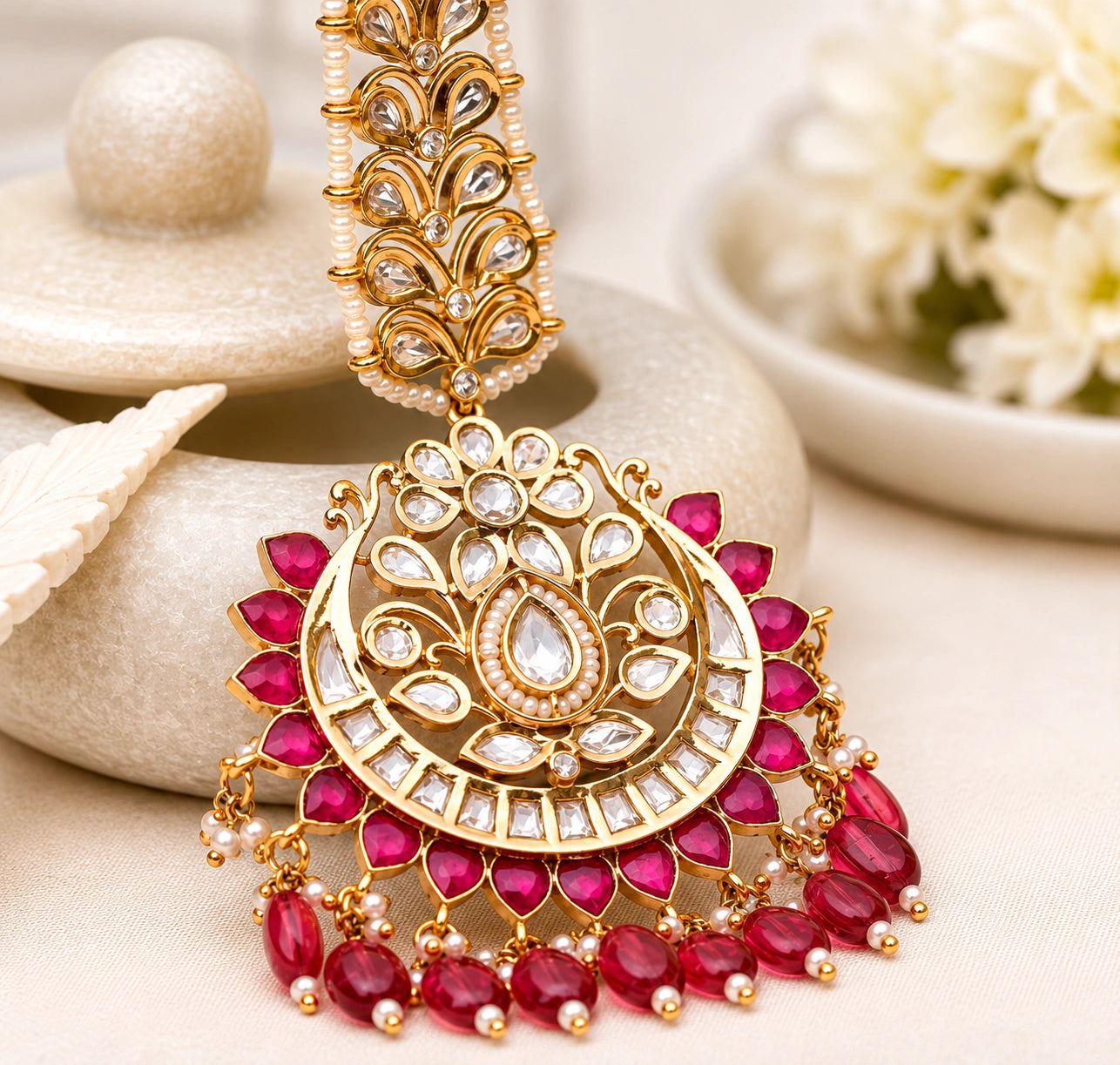 Huma Polki Pink Maangtikka