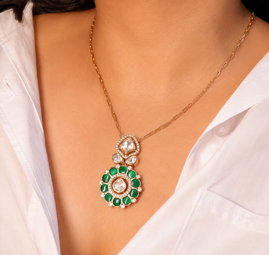 Emerald Green &Mossainite Diamond Style Necklace & Earring Set | Rose Gold Plated