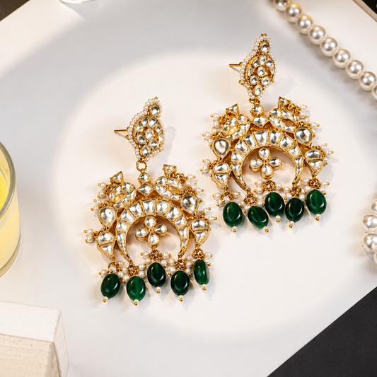 Ishani Green and White Kundan Embellished Earrings