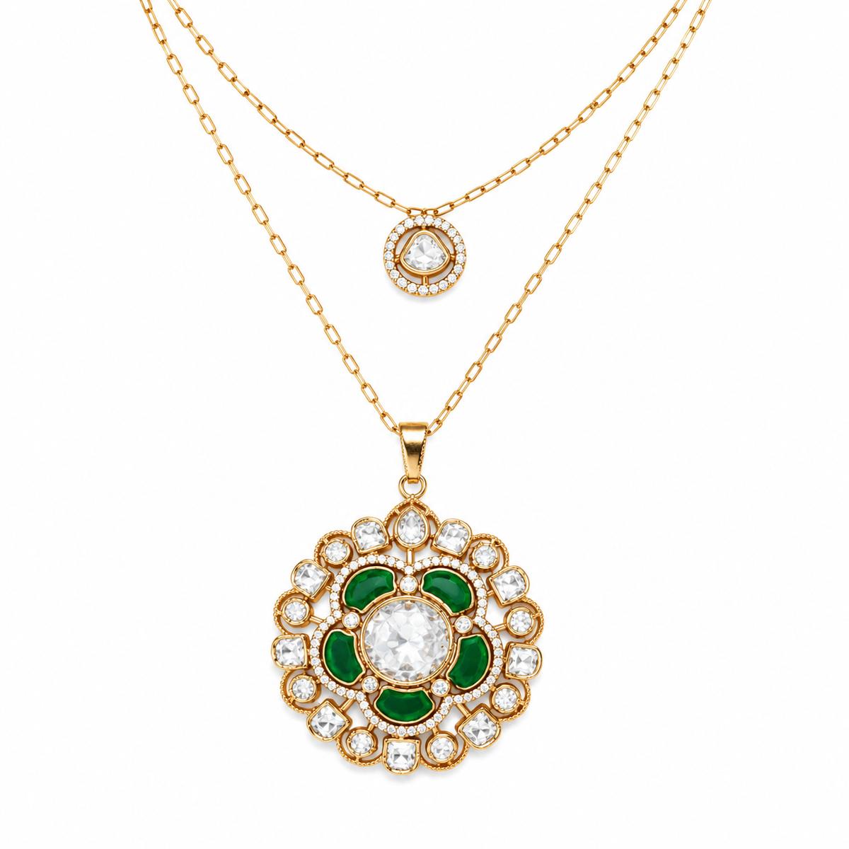 Emerald Mossainite Floral Double Layer Necklace & Earring Set