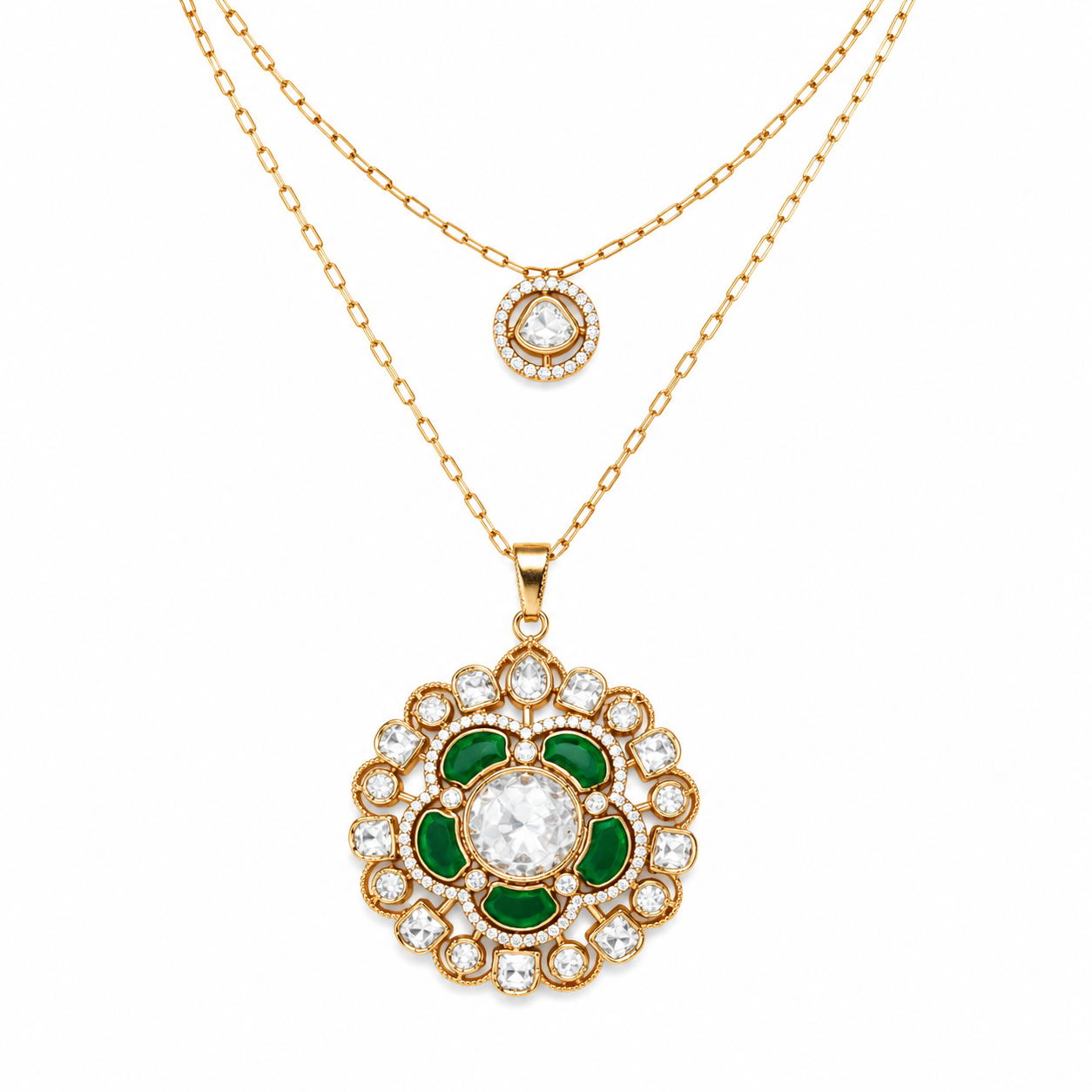 Emerald Mossainite Floral Double Layer Necklace & Earring Set