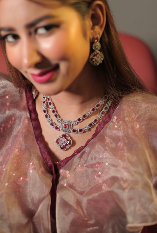 Hydro Red Double Layer American Diamond Necklace Set