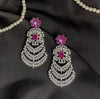 American Diamond Long Earring In Floral Design- Ruby