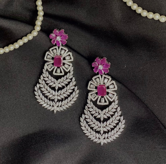 American Diamond Long Earring In Floral Design- Ruby