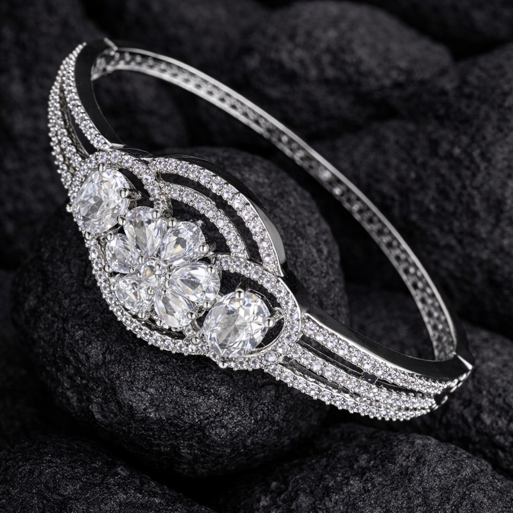 white CZ Stones Studded Silver Plated Bracelet