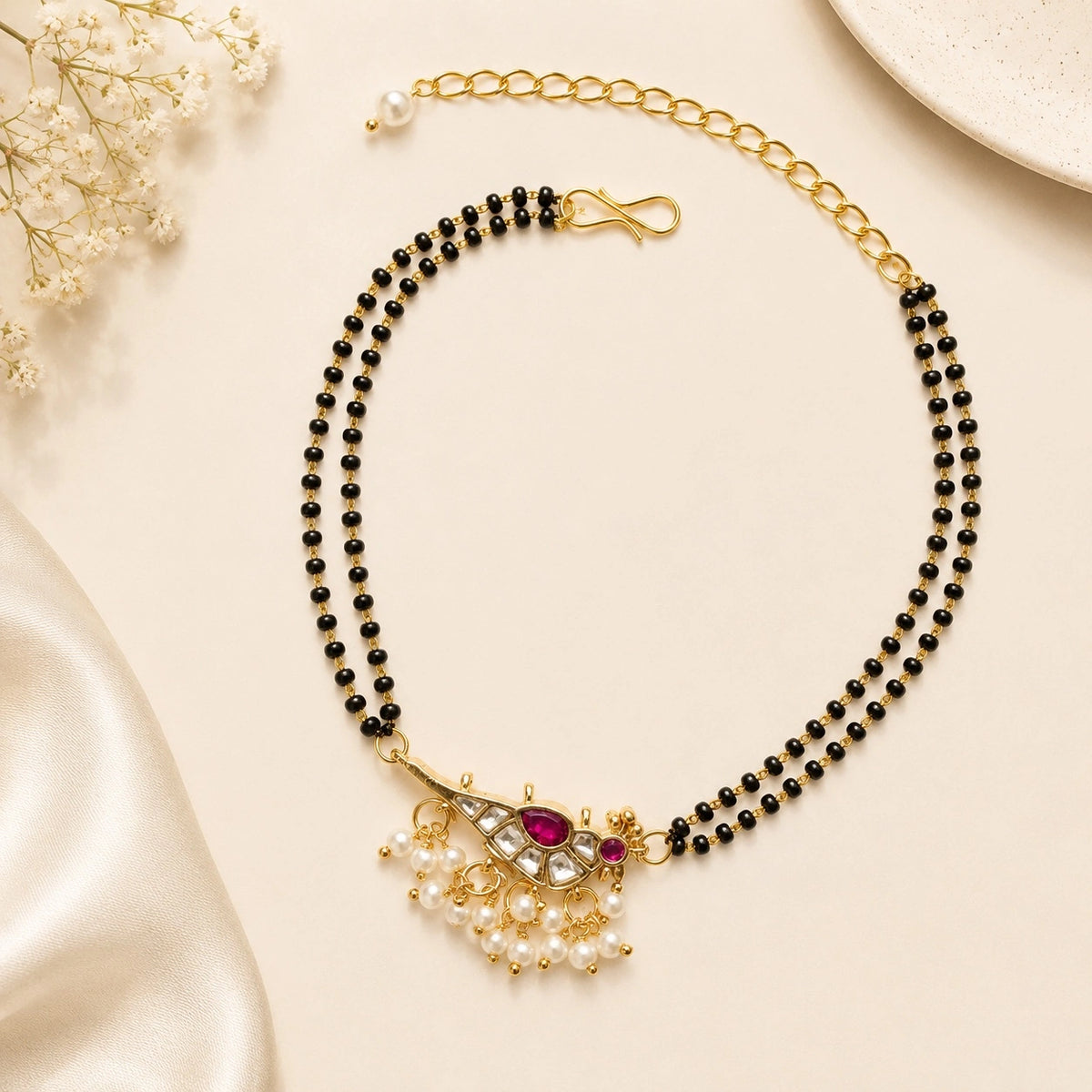Handcrafted Double Layer Black Bead Hand Mangalsutra In Paachi Kundan Bird Charm