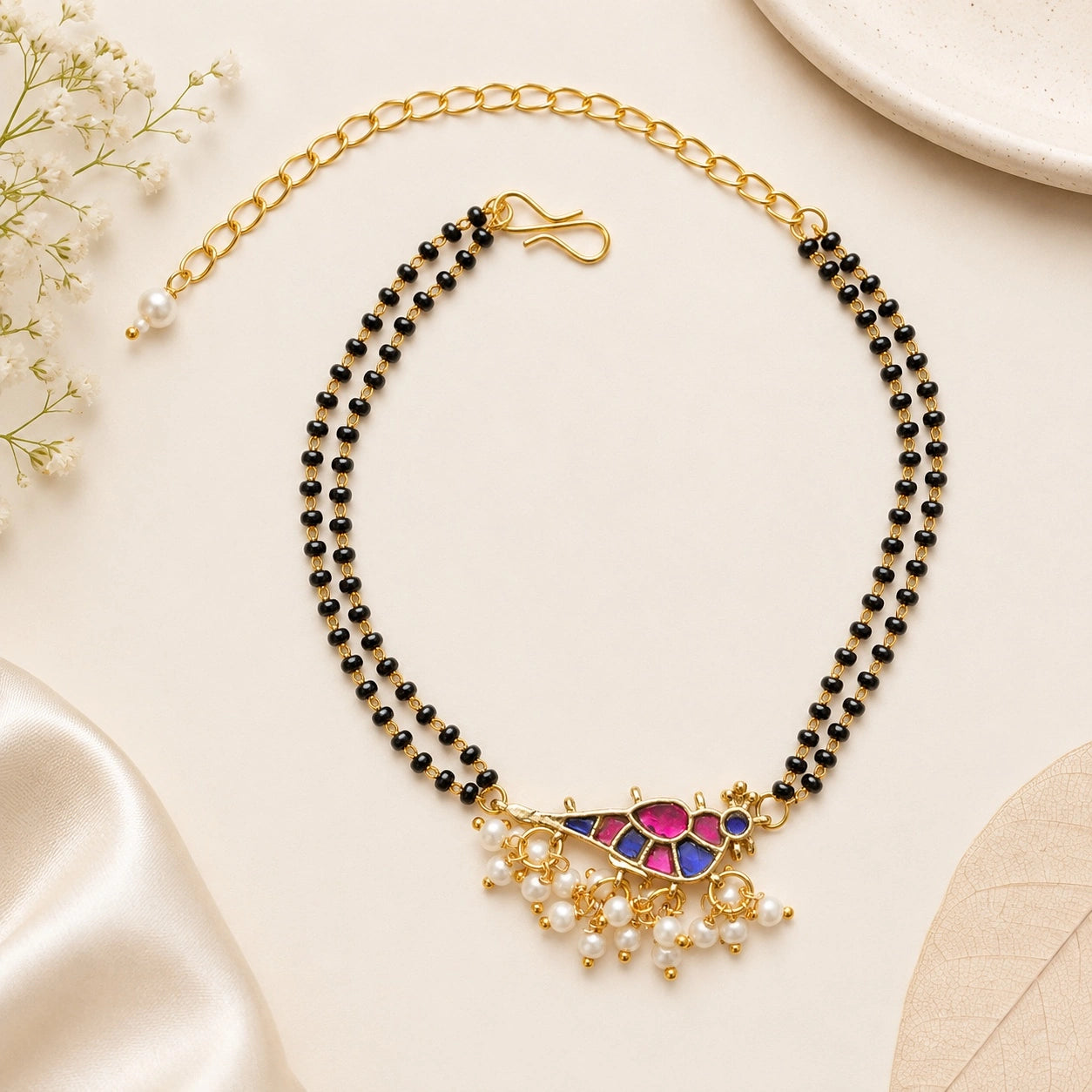 Handcrafted Double Layer Black Bead Hand Mangalsutra In Paachi Kundan Bird Charm
