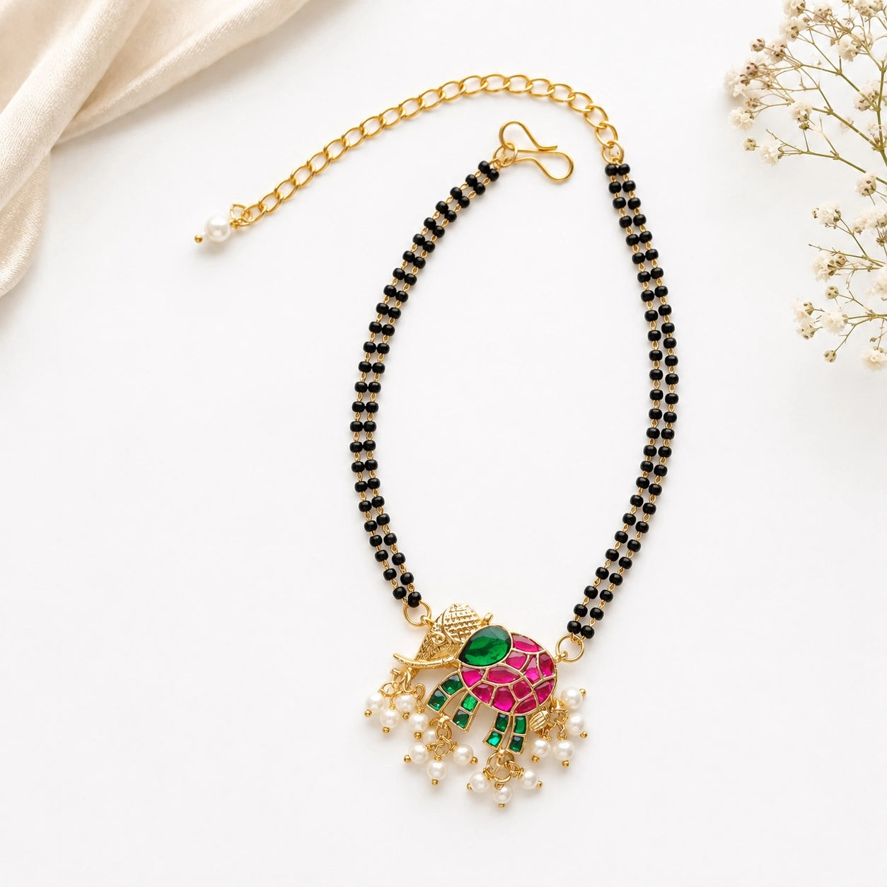 Handcrafted Double Layer Black Bead Hand Mangalsutra with Kundan & Meenakari Elephant Charm