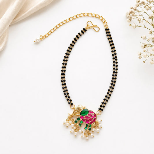 Handcrafted Double Layer Black Bead Hand Mangalsutra with Kundan & Meenakari Elephant Charm