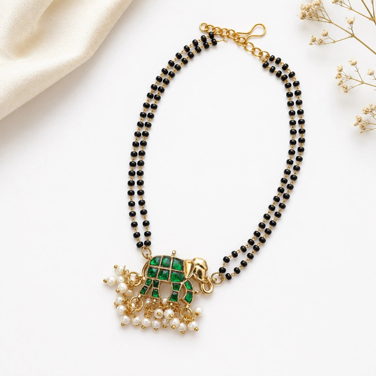 Handcrafted Double Layer Black Bead Hand Mangalsutra with Kundan & Meenakari Elephant Charm