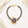 Traditional Gold-Plated Blue Kundan Hand Mangalsutra with Dual-Strand Black Beads and Pearl Droplets