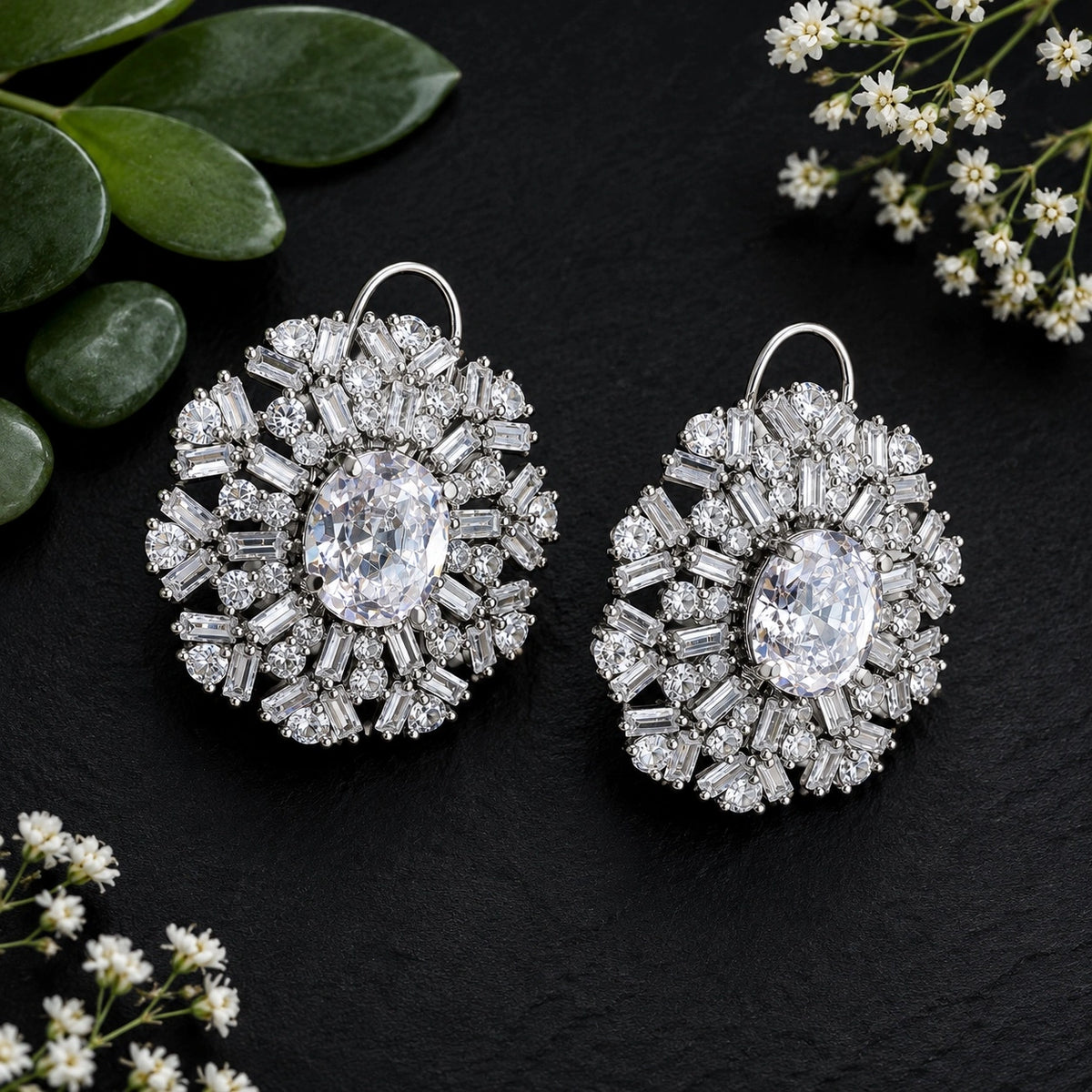 American Diamond Floral Style Stud Earrings