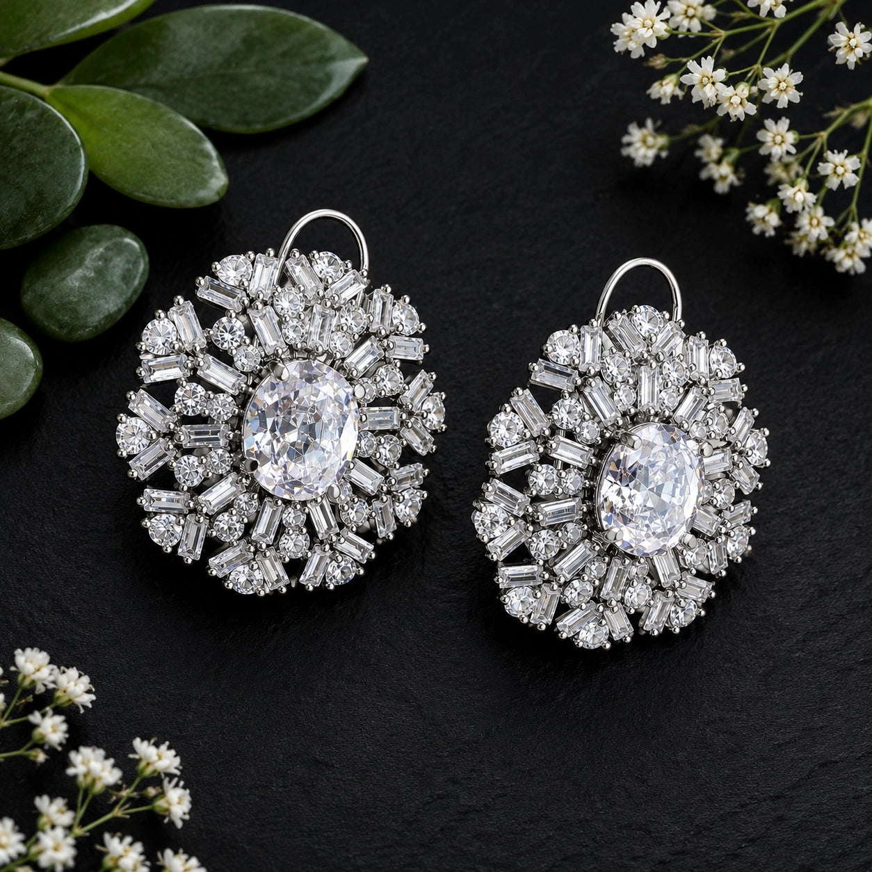 American Diamond Floral Style Stud Earrings