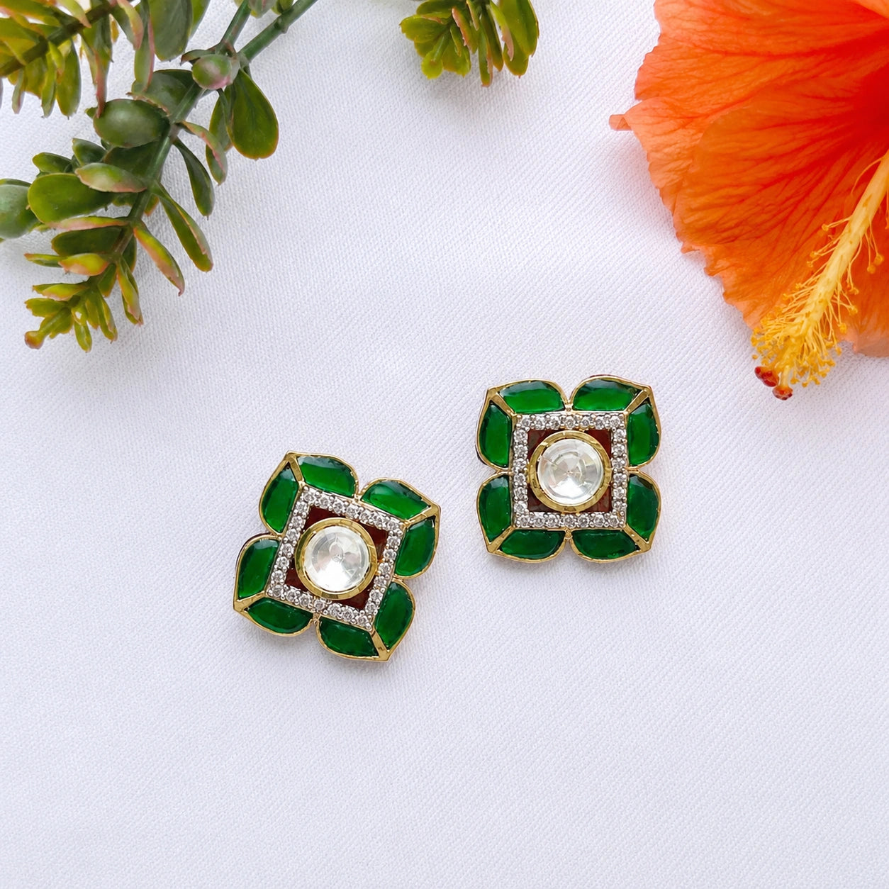 Emerald Square Kundan studs