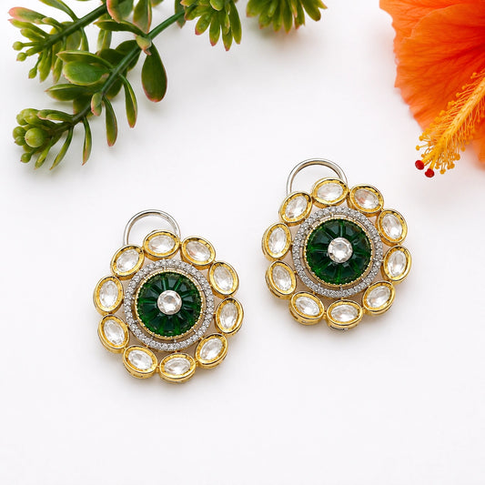 Emerald Carved Stone Kundan Flower Stud Earring