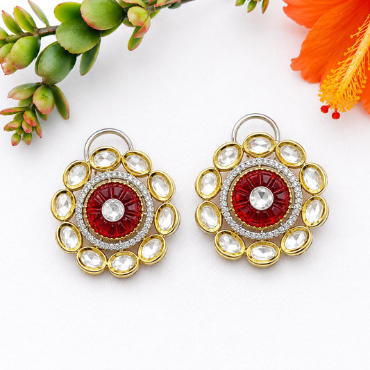 Ruby Carved Stone Kundan Flower Stud Earring
