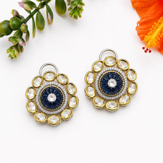 Blue Carved Stone Kundan Flower Stud Earring