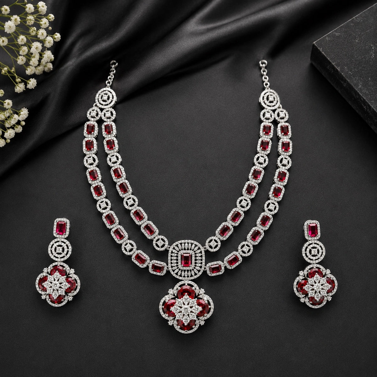 Hydro Red Double Layer American Diamond Necklace Set