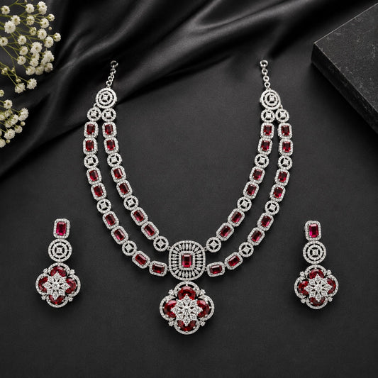 Hydro Red Double Layer American Diamond Necklace Set