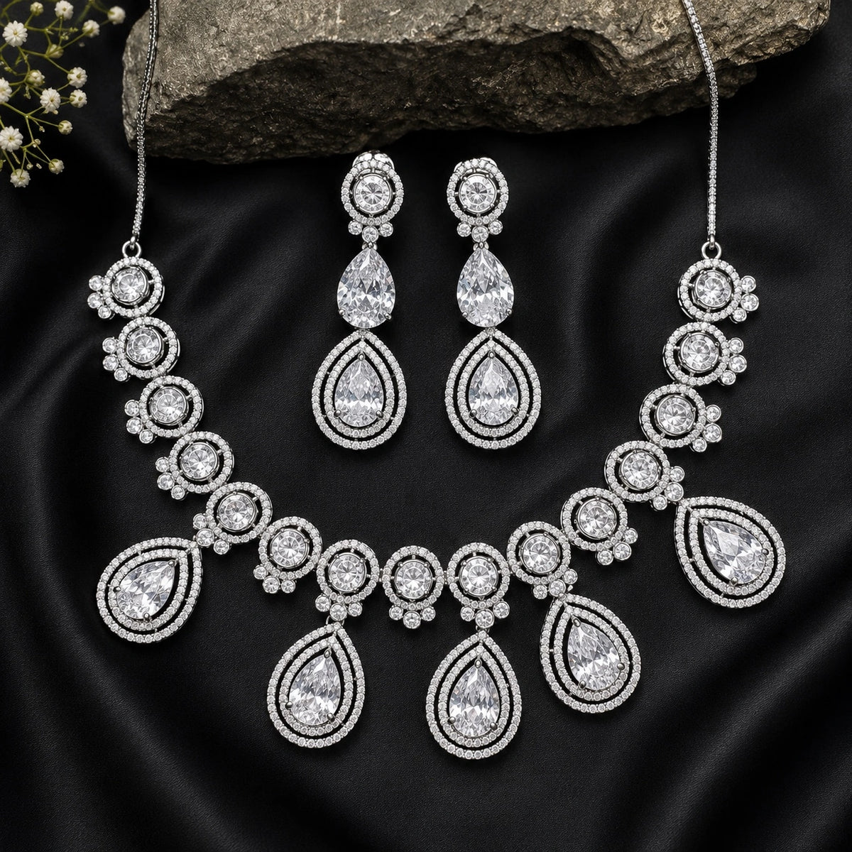 Faux American Diamond Doublet Necklace- White