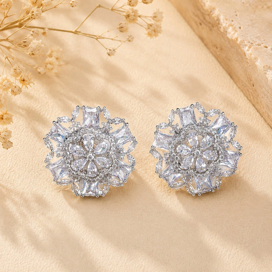 Cubic Zirconia| American Diamond Floral Style Stud Earrings