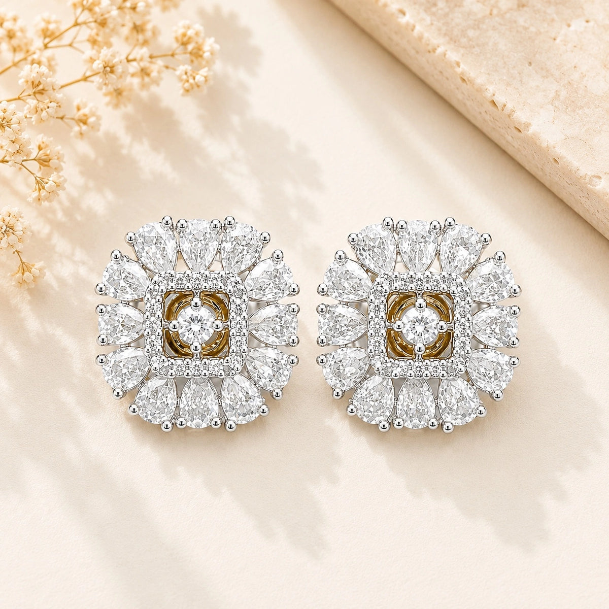 American Diamond Square Shape Stud Earrings