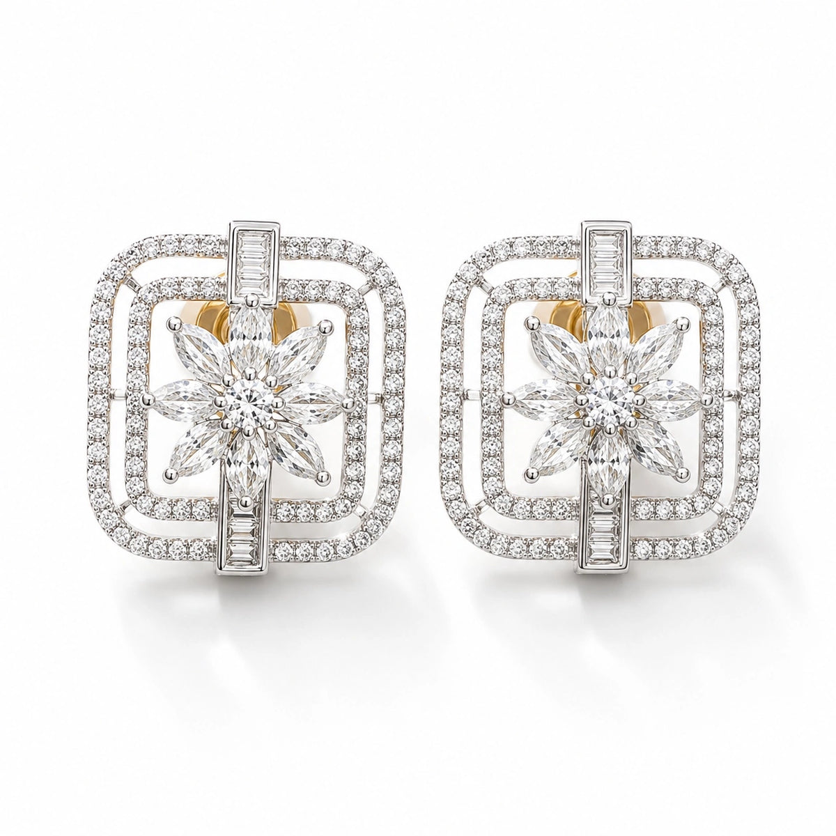 American Diamond Square Shaped Flower Stud Earrings