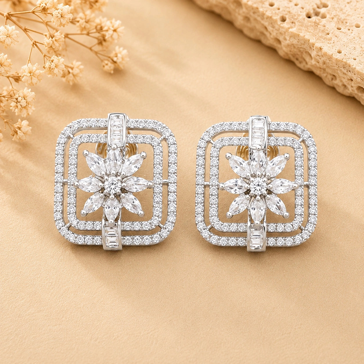 American Diamond Square Shaped Flower Stud Earrings