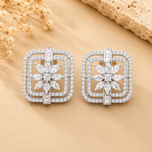 American Diamond Square Shaped Flower Stud Earrings