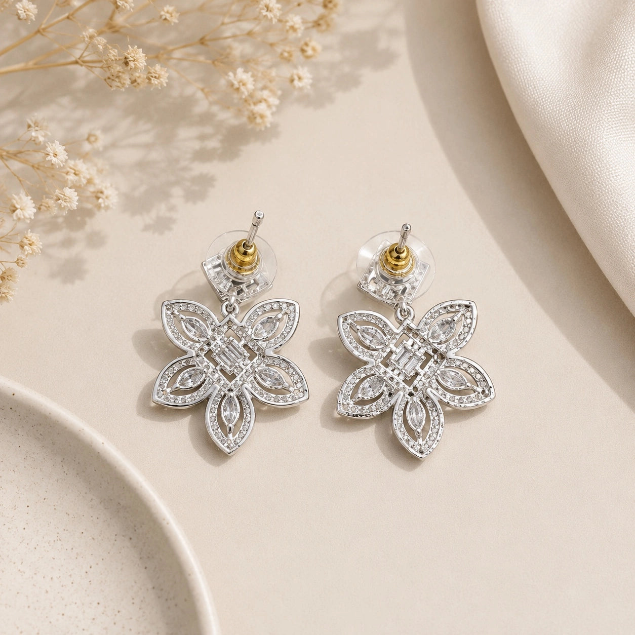 American Diamond Princess Leaf Stud Earrings